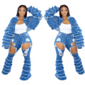 Trending Stylish 2021 Fall Autumn Women Two Piece Jean Set Hollow out Blue Jean Stack Flare Pants